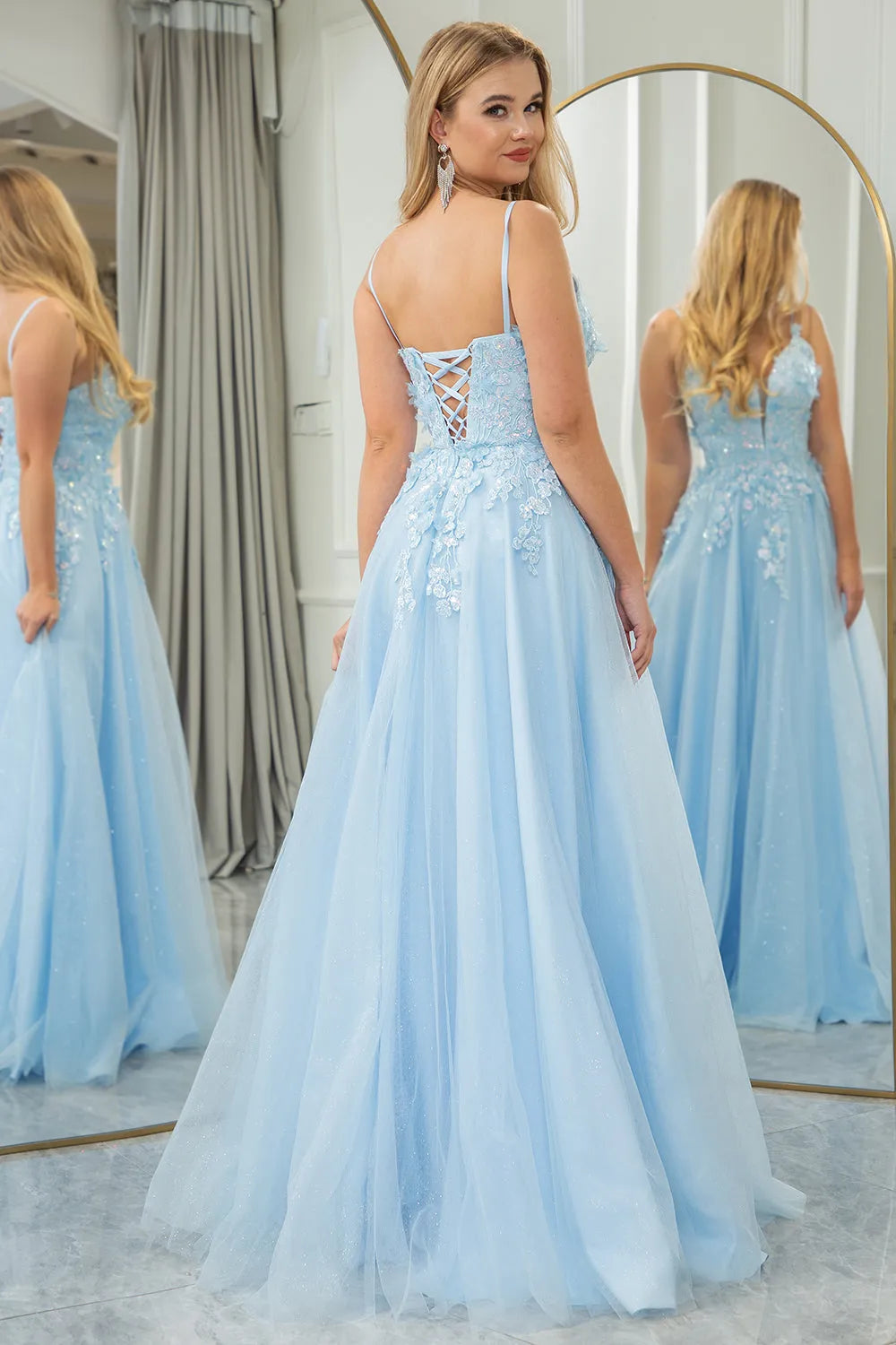 Wholesale Light Blue A Line Lace Up Tulle Long Prom Dress With Appliques prom dresses shops